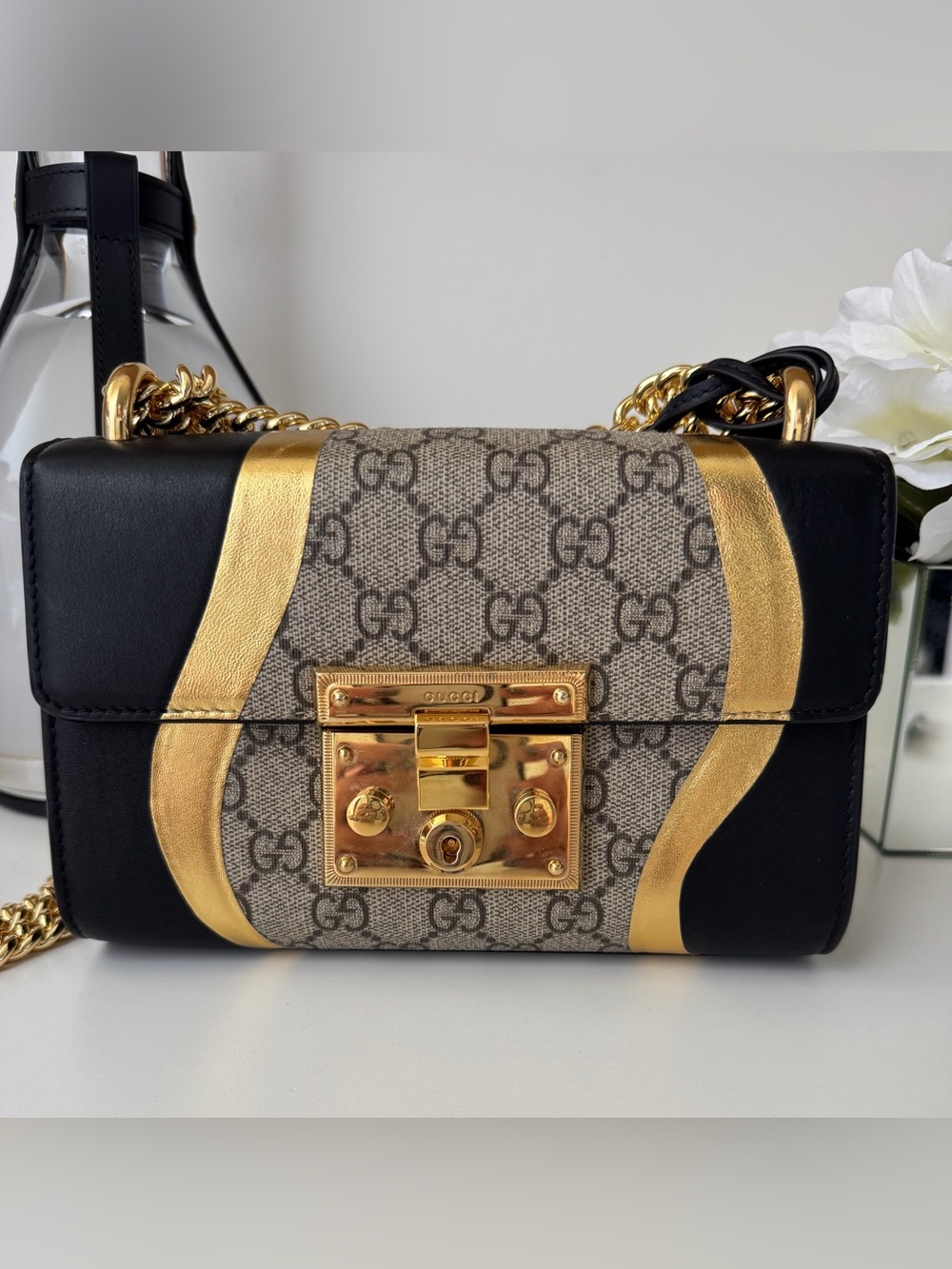 Gucci GG Supreme Padlock Black Gold Shoulder Crossbody Bag
